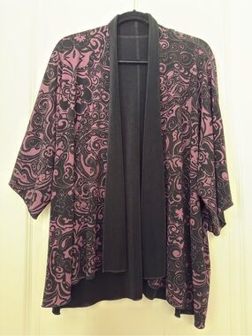 Women's Plum and Black Patterned Open Travel Knit Jacket with High Low Hem XL